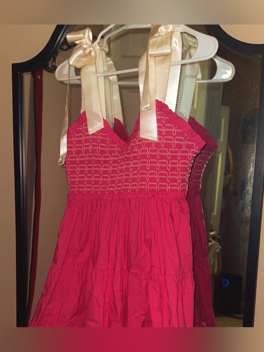 Marshalls Hot Pink Tiered Midi Dress with Cream Ribbon Straps